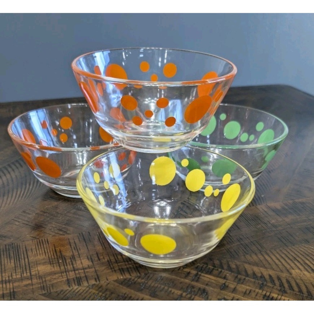 Vintage Polka Dot Glass Dessert Bowls Set of 4 Orange Yellow Green MCM Retro